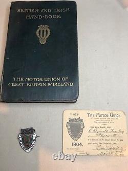 1904 MOTOR UNION (AA) GT BRITAIN IRELAND ENAMEL BADGE BOOK MEMBERSHIP CARD vscc