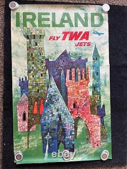1964 Original Ireland Fly TWA David Klein Vintage Travel Poster, Irish Artwork