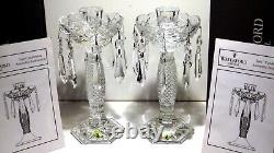 2 WATERFORD CRYSTAL TARA CANDLESTICKS withDROPS IRELAND MADE IN ORIGINAL BOX