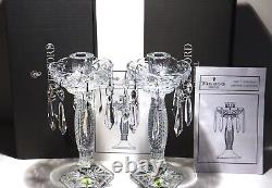 2 WATERFORD CRYSTAL TARA CANDLESTICKS withDROPS IRELAND MADE IN ORIGINAL BOX