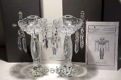 2 WATERFORD CRYSTAL TARA CANDLESTICKS withDROPS IRELAND MADE IN ORIGINAL BOX