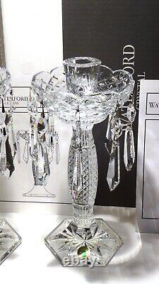 2 WATERFORD CRYSTAL TARA CANDLESTICKS withDROPS IRELAND MADE IN ORIGINAL BOX