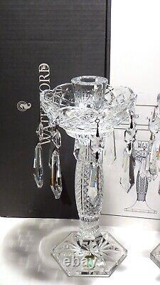 2 WATERFORD CRYSTAL TARA CANDLESTICKS withDROPS IRELAND MADE IN ORIGINAL BOX