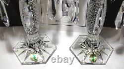 2 WATERFORD CRYSTAL TARA CANDLESTICKS withDROPS IRELAND MADE IN ORIGINAL BOX