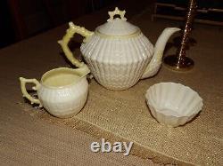 7PC IRISH BELLEEK LIMPET COLLECTION TEAPOT WithLID, CREAMER, SUGAR, 2-PLATES & CUP