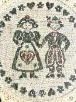 ANTIQUE ORIGINAL IRISH Ireland Doilies Lass & Lad FRAMED ART SET Hand Stitched