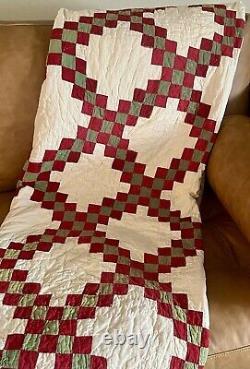 Antique 1900s Red Green Triple Irish Chain Handmade QUILT 72x 76