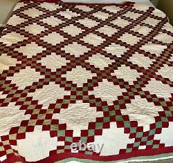 Antique 1900s Red Green Triple Irish Chain Handmade QUILT 72x 76