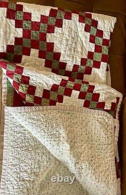 Antique 1900s Red Green Triple Irish Chain Handmade QUILT 72x 76