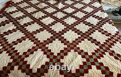 Antique 1900s Red Green Triple Irish Chain Handmade QUILT 72x 76