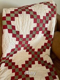 Antique 1900s Red Green Triple Irish Chain Handmade QUILT 72x 76