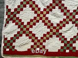 Antique 1900s Red Green Triple Irish Chain Handmade QUILT 72x 76