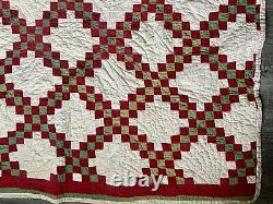 Antique 1900s Red Green Triple Irish Chain Handmade QUILT 72x 76