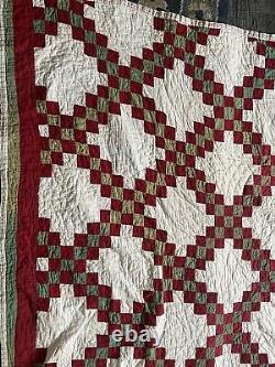 Antique 1900s Red Green Triple Irish Chain Handmade QUILT 72x 76