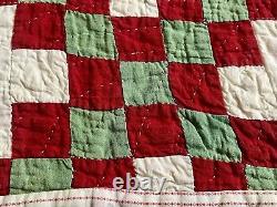 Antique 1900s Red Green Triple Irish Chain Handmade QUILT 72x 76