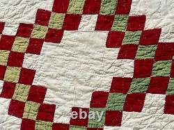 Antique 1900s Red Green Triple Irish Chain Handmade QUILT 72x 76