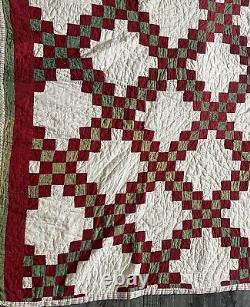 Antique 1900s Red Green Triple Irish Chain Handmade QUILT 72x 76