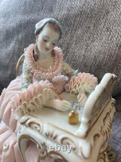 Antique Irish Dresden Porcelain Lace Figurine'the love letter ireland' H 18cm