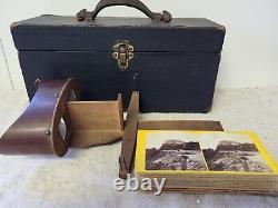 Antique Stereoview Viewer Leather Handle Wooden Carrying Case 32 viewing cards