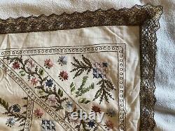 Antique Vintage Handmade Irish Linen Floral Embroidered Gold Edge Lace Colourful