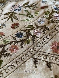 Antique Vintage Handmade Irish Linen Floral Embroidered Gold Edge Lace Colourful