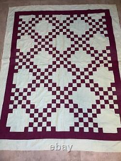 Antique hand stitched Green irish chain quilt burgundy 80 x 66