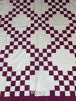 Antique hand stitched Green irish chain quilt burgundy 80 x 66