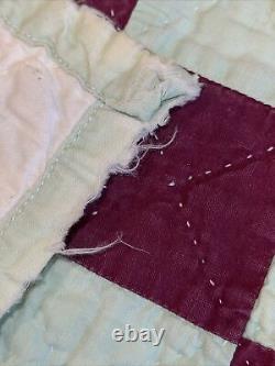 Antique hand stitched Green irish chain quilt burgundy 80 x 66