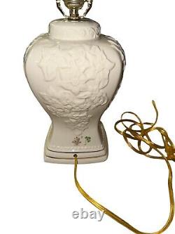 BELLEEK IVORY FLORAL LILY Embossed Ceramic Table Lamp With Pink Flowers IRELAND