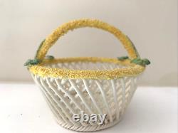 Belleek EASTER BASKET Porcelain Basket Weave Yellow Flocked Clovers Blue Mark