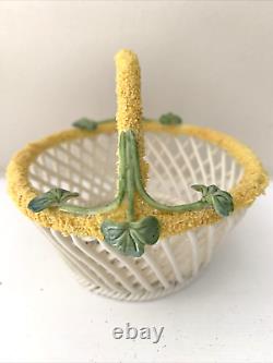 Belleek EASTER BASKET Porcelain Basket Weave Yellow Flocked Clovers Blue Mark