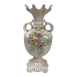 Belleek Ireland Large Porcelain Handled Vase Applied Flower 13 Third Green Mark