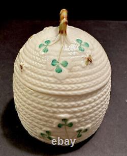Belleek Ireland Porcelain Honey Pot With Basket Weave Bee Hives Shamrocks 6th Mark