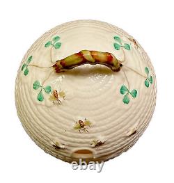 Belleek Ireland Porcelain Honey Pot With Basket Weave Bee Hives Shamrocks 6th Mark