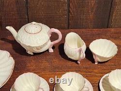 Belleek Neptune Shell Pink Tea Set for Six Tea Pot Creamer Sugar Bowl Gold Trim