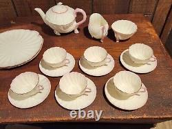 Belleek Neptune Shell Pink Tea Set for Six Tea Pot Creamer Sugar Bowl Gold Trim