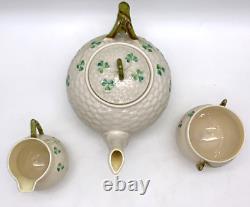 Belleek SHAMROCK teapot-4th mk &IRISH POT shaped creamer/sugar-6th mk midcentury