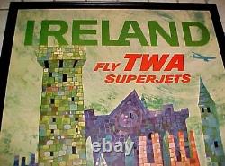 Fly TWA Superjets Ireland Travel Poster 1960s David Klein 42 x 26 1/4 Framed