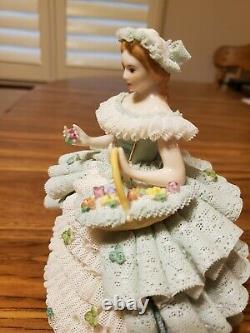 Gorgeous Green Irish Dresden Lace Going To The Fair Figurine 7 1/2 tall