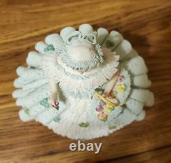 Gorgeous Green Irish Dresden Lace Going To The Fair Figurine 7 1/2 tall
