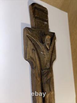 MID Century Fergus O'farrell Stylized Wood Carved Jesus On Cross Dublin Ireland