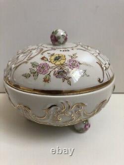 MZ Ireland Porcelain Footed Trinket Pot Golden Lace Hand Painted Flowers Vintage
