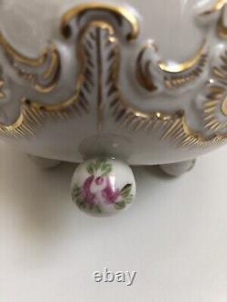 MZ Ireland Porcelain Footed Trinket Pot Golden Lace Hand Painted Flowers Vintage