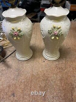 Pair of Belleek Ireland Porcelain Embossed Daisy Flower Table Lamps 19