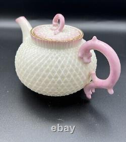 Rare Black Mk Belleek Porcelain Pink Thistle Set Teapot Creamer 2 Cup Saucers