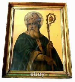 Saint Patrick of Ireland Lithograph, framed Antique 31 x 25 Distressed 19th c