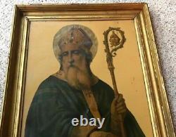 Saint Patrick of Ireland Lithograph, framed Antique 31 x 25 Distressed 19th c