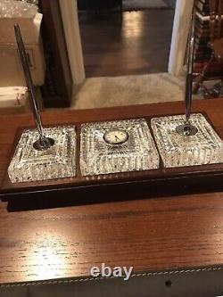 VINTAGE WATERFORD CRYSTAL PENS withCLOCK DESK SET WOODEN STAND on BUN FEET