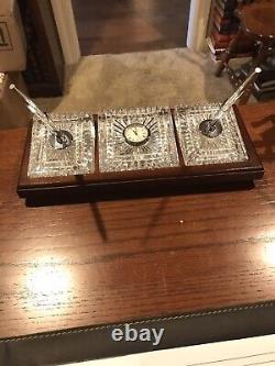 VINTAGE WATERFORD CRYSTAL PENS withCLOCK DESK SET WOODEN STAND on BUN FEET