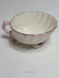 Vintage Belleek Neptune Pink Tea For One Teapot Shell Cup Gold Trim Green Banner